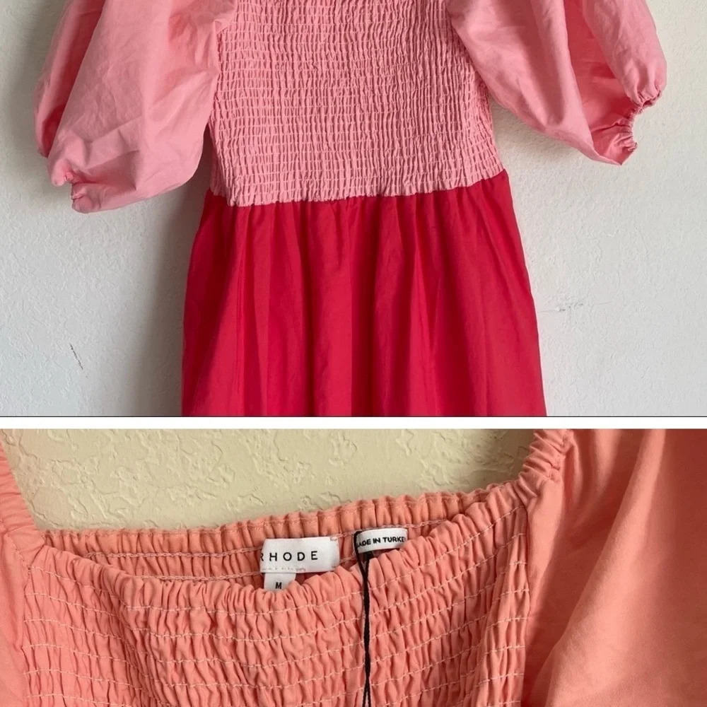 NWT Rhode Eloise Puff Sleeve Colorblocked Midi Dress  in Clementine Multi - Picture 3 of 6